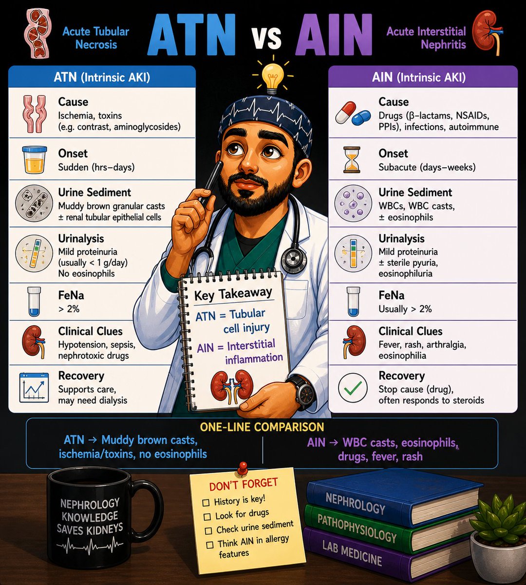 o_o_dr's tweet photo. ATN vs AIN ๐ง ๐ฉบ (Intrinsic AKI)
๐ต ATN โ ischemia/toxins, muddy brown casts, FeNa >2%, no eosinophils
๐ฃ AIN โ drugs, WBC casts + eosinophils, fever, rash
๐งช Urine = key
One line:
Muddy brown = ATN | Eosinophils = AIN
#AKI #Nephrology #IMBoards #MedTwitter https://t.co/B0znI3LlEz
