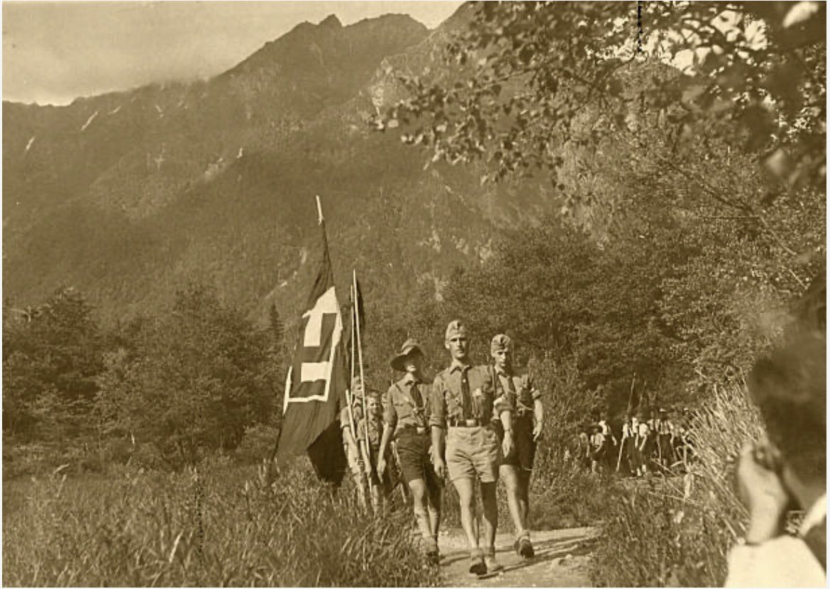 Members of the Hitler Youth walk at the Kamikochi highland circa 1938 in Matsumoto, Nagano, Japan.