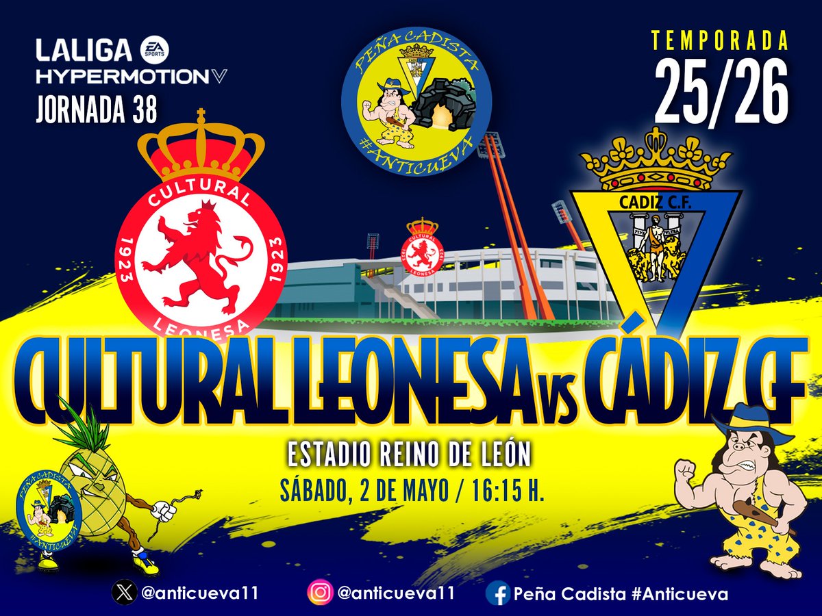 ⚽DÍA DE PARTIDO🏟️
El resto de equipos parece que nos regalan una última bala.

Casi con total seguridad y viendo calendarios, el Cádiz se juega en León firmar medio descenso en caso de no conseguir una victoria. De ganar, ¡aún habría esperanzas!

#CulturalLeonesaCadiz
#Somos1910
