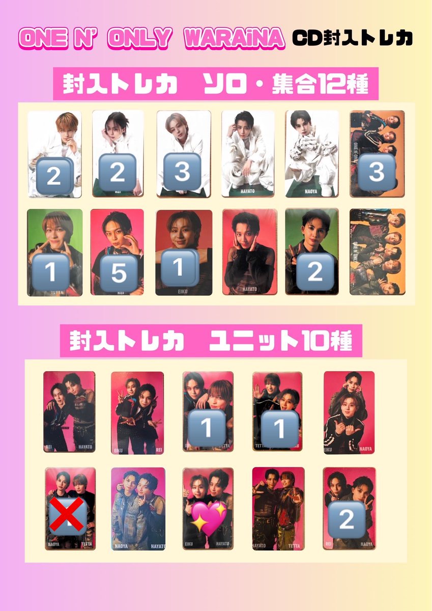 ___poiful's tweet photo. ONE Ｎ’ ONLY ワンエン WARAiNA トレカ 交換

【譲】 数字

【求】 💖＞＞＞無印HAYATO（♾️）
※店舗特典ユニバ＞その他

5/3柏＞5/31東京＞郵送

お心当たりある方はお気軽にお声掛けください🙇‍♀️ https://t.co/kJrsf3YhB4