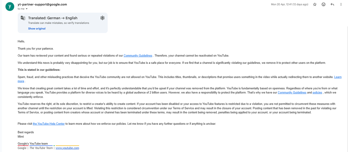 NamexProdby's tweet photo. Day 12 now, still no decision on the third appeal.

No replies here either while you’re responding to other tweets all day. A verified 400k channel just gets terminated like this and then I’m left waiting with no actual explanation what I supposedly did wrong.

I attached screenshots. In the original termination email there was already something about the channel potentially being compromised, like this whole thing was framed as if the channel could’ve been hacked and the termination was done to “protect” it because of spam / scam or deceptive practices being posted by someone else. But I literally requested an investigation into that and it was confirmed that my channel was NOT hacked.
So now what is the actual reason? Because it feels like the situation is being pushed into a different direction instead of just clearly stating what exactly I violated.
You’re saying spam, scams, deceptive practices, including titles, thumbnails or descriptions that redirect users to external websites. I never did that. No videos that forced users to enter an external platform site, no fishy redirects, nothing misleading. People clicked for remixes and got exactly that. I did all the work on YouTube and never made it so a user would be forced to leave YouTube to watch the video.

Now how does it take 12 days to review something like this when it should be immediately visible that there is no policy violation behind it? Tt just feels like I’m being left in the dark while the reason keeps shifting and I’m the one dealing with the consequences and damage of it.

MAKE SOME NOISE Y'ALL, WE NEED YOUTUBE TO STOP USING AI MODERATION SYSTEMS AND HAVE REAL HUMANS CHECK OUR CHANNELS!
who of you is dealing with the same problems? let us know down below and tag @TeamYouTube  !!!

 @YouTube #YouTube #Appeal #Termination #TeamYouTube