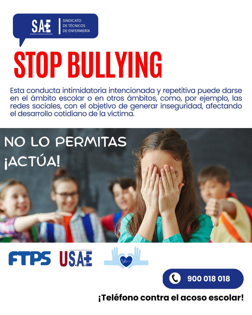 Un año más, queremos aprovechar el día mundial contra el acoso escolar para concienciar sobre la necesidad de acabar con el #bullying en las aulas, en las redes sociales y en los ámbitos de ocio de los menores.  

🚫No lo permitas, ACTÚA‼️

#StopBullying #SomosLasManosQueTeCuidan