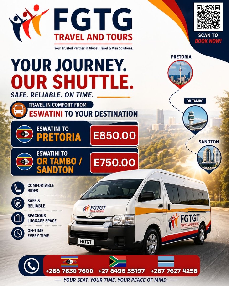 FgtgAnd's tweet image. Wherever you’re headed, business or leisure, FGTG Travel &amp;amp; Tours gets you there!
Flights, cross-border trips, we make every journey smooth &amp;amp; stress-free.
Fares are per person
One-way pricing
Book early to secure your seat

#FGTGTravels #ShuttleService #TravelEasy #EswatiniTravel