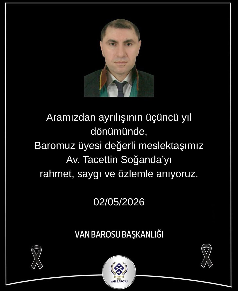 VanBaro's tweet photo. Aramızdan ayrılışının üçüncü yıl dönümünde,
Baromuz üyesi değerli meslektaşımız
Av. Tacettin Soğanda’yı
rahmet, saygı ve özlemle anıyoruz. https://t.co/w1ow2XohkW