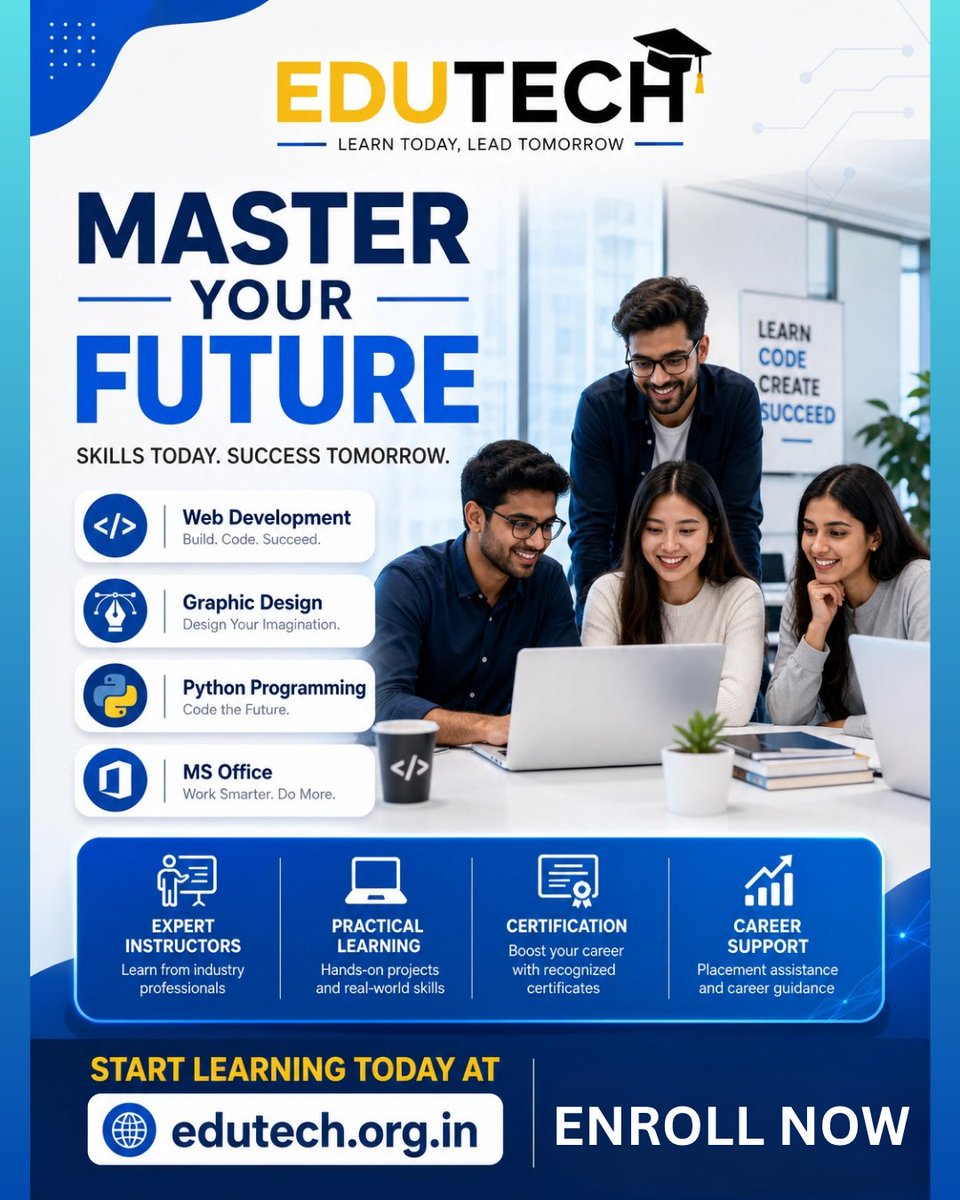 Edutechas's tweet image. Master Your Future 🚀
Learn in-demand skills &amp;amp; get career-ready.
💻 Web | 🎨 Design | 🐍 Python | 📊 MS Office
👉 edutech.org.in
#Edutech #Skills #CareerGrowth #LearnToday