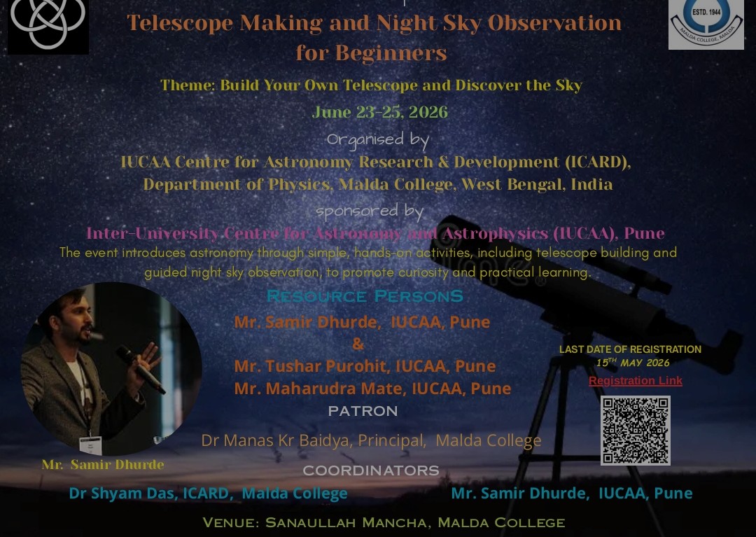 ydnad0's tweet photo. If you are in Malda or North Bengal, interested in the night skies 🌠 and want to try your hand at building your own little telescope 🔭I highly recommend this workshop conducted by @IUCAApune These are a fantastic bunch of talented astronomy outreach folks from Pune I know. https://t.co/4icfkjS9YZ
