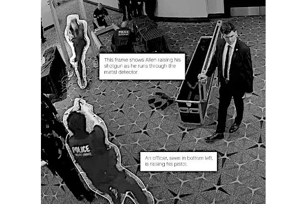 menoopiu's tweet photo. Misteri dell'attentato a #Trump, Cole Allen ha sparato al soffitto. La CNN analizza il video del tentativo di #ColeAllen di entrare nella sala del WHCD di Trump e scopre che l'attentatore ha sparato al soffitto mentre il Secret Service spara a vuoto  https://t.co/CU6pbmQNaq https://t.co/EA7DxZXxbu