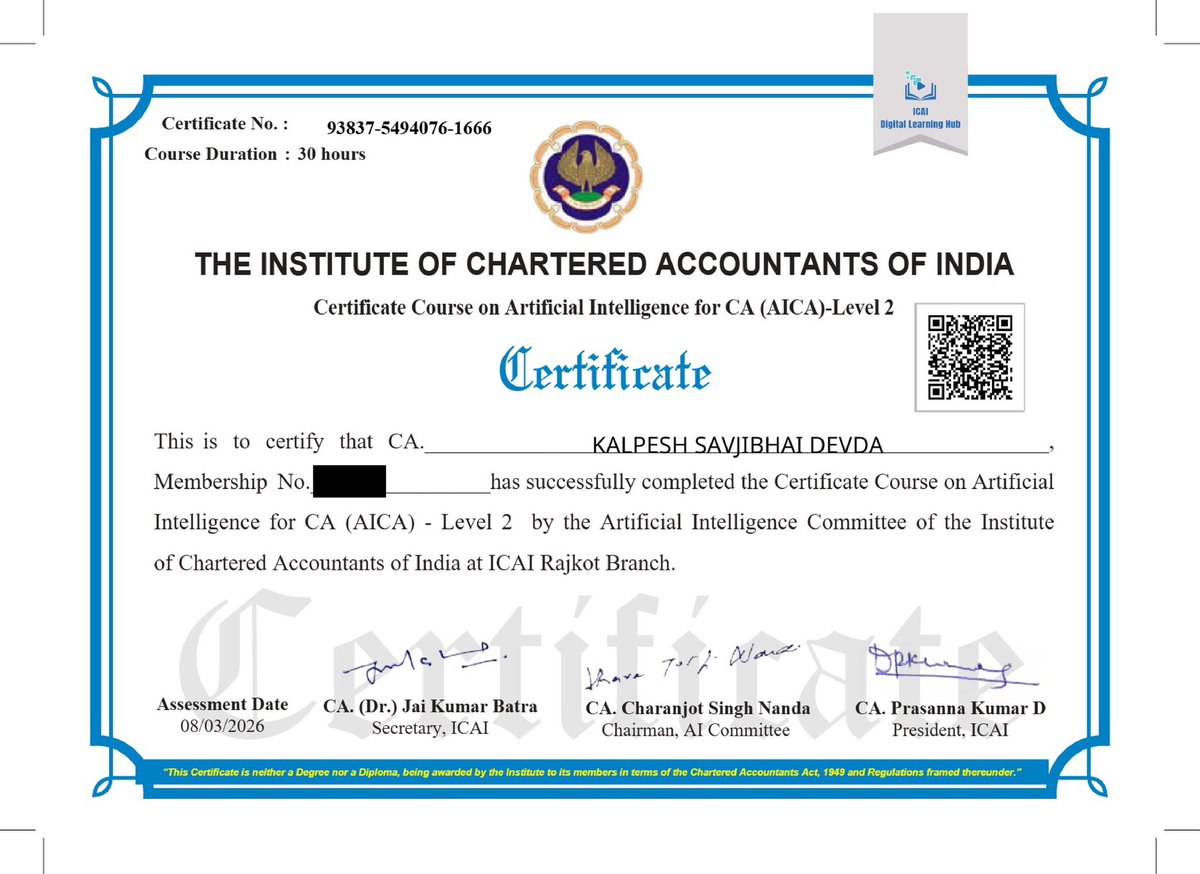 cakalpdev's tweet photo. Honestly, if you told me a few years ago that I’d be spending 30 hours diving deep into Artificial Intelligence, I probably wouldn't have believed you. But here we are! 

I just wrapped up the Level 2 Certificate Course on AI for CAs (AICA) with @theicai at the Rajkot Branch, and it was genuinely mind-blowing.

As CAs, we spend so much time in traditional spreadsheets and compliance. Seeing firsthand how AI can take the heavy lifting out of data crunching and audits is a total game-changer. It’s less about "robots taking our jobs" and way more about giving us tools to do our jobs better and faster.

Huge shoutout to the ICAI AI committee for making this complex tech feel accessible. Super excited (and a little nervous!) to actually start building this into my daily workflow. 

#CA #ICAI #ArtificialIntelligence #Accounting #TechCommunity #FutureOfWork