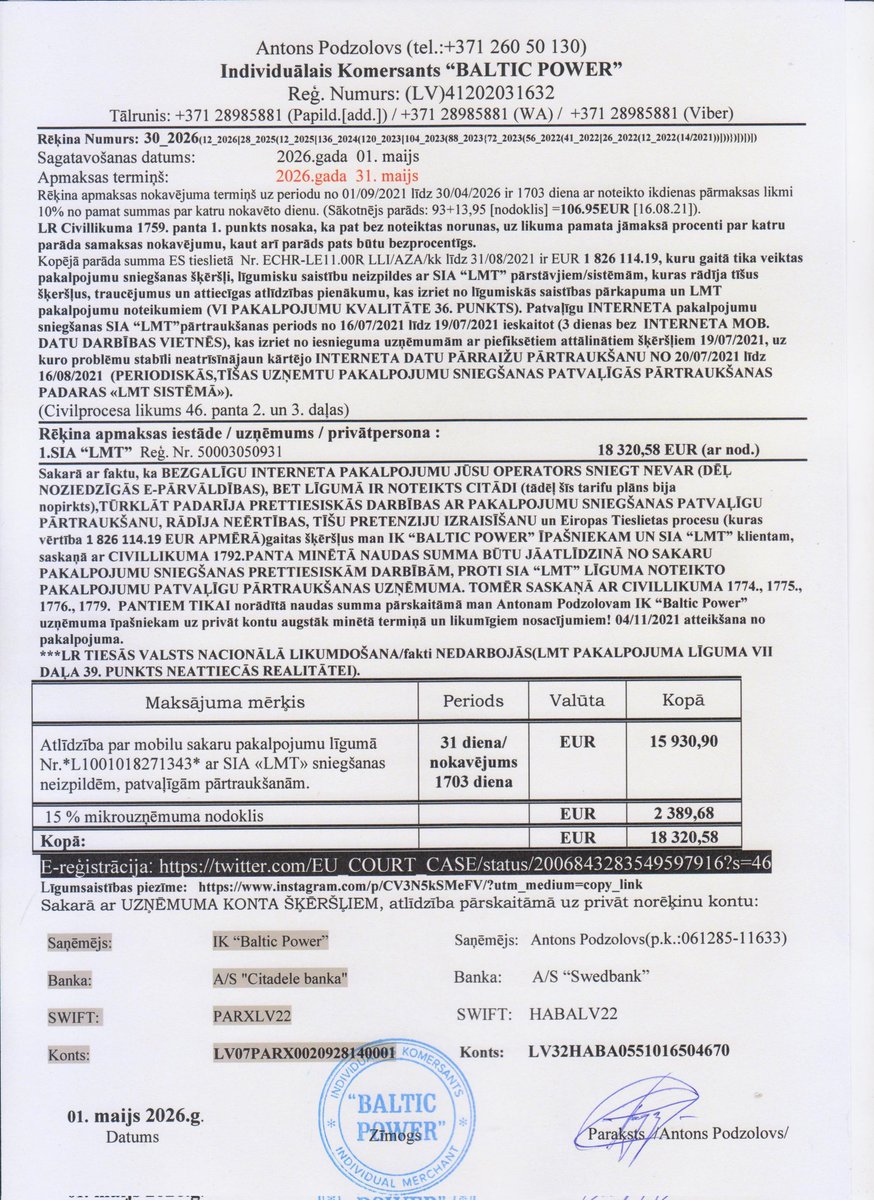 EU_COURT_CASE's tweet photo. Electronic send of updated invoices+legal formalities 01/05/26 via e-mail.
🇱🇻)Fin.parāds
🇪🇺)Fin.owing
🇷🇺)Фин.долг
Līdz/Till/До 30/04/26
EUR15930,90+2389,68(TAX)
TOTAL:EUR18320,58
Receptions confirmed✅ :
https://t.co/KQfQomn8TE
Crutual deadline 31/05/26❗:
https://t.co/yLJFm9hQMh https://t.co/4malQKSux8