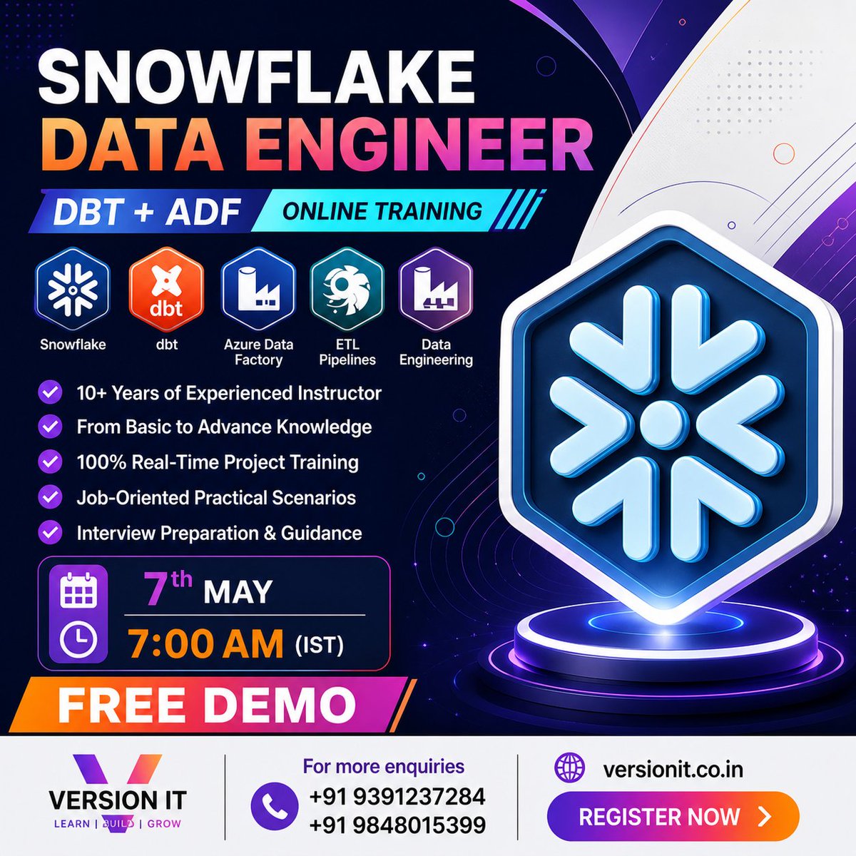 VersionitCloud's tweet image. 🚀 Snowflake Data Engineer Training ❄️

🔥 Free Demo – 7th May | 7:00 AM | Online
✔ DBT &amp;amp; ADF
✔ Real-Time Projects
✔ Job-Ready Skills
📞 +91 9391237284
🌐 versionit.co.in

🎯 Limited Seats – Join Now!
#Snowflake #DataEngineering #DBT #ADF #VersionIT