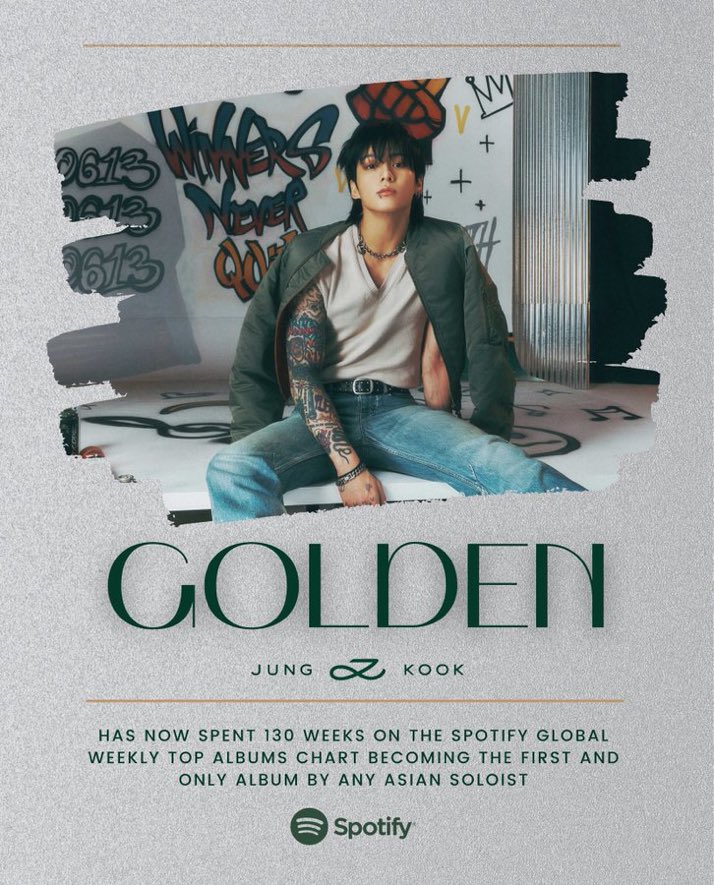Album GOLDEN Jungkooka stał się pierwszym albumem azjatyckiego solisty, który plasuje się na Spotify Weekly Top Albums Global przez 130 tygodni!

CONGRATULATIONS JUNGKOOK