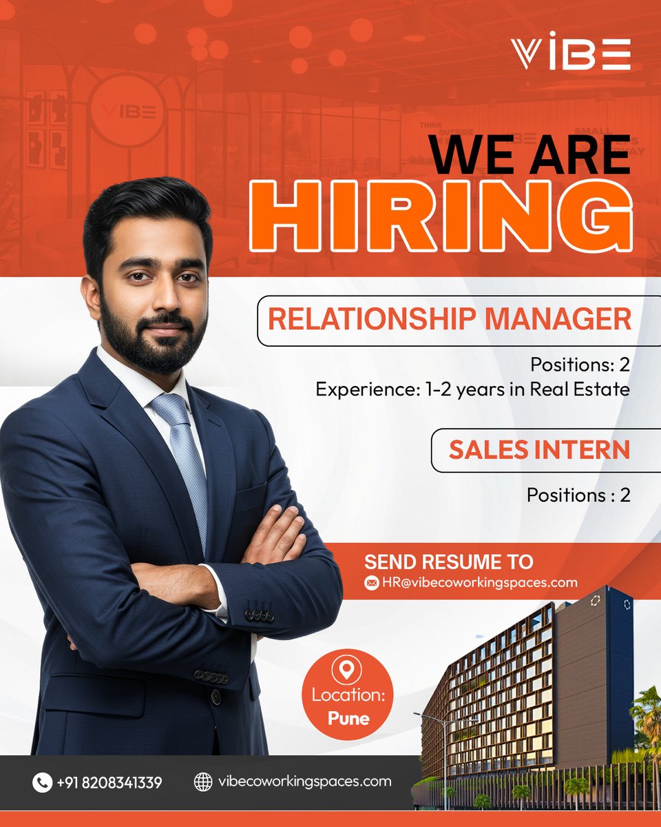 vibe_cowork's tweet image. We are hiring at Vibe Co Working Spaces

Relationship Manager
1 to 2 years real estate experience
Sales Intern

Location Pune

Apply at HR@vibecoworkingspaces.com
Call +91 8208341339
vibecoworkingspaces.com

#WeAreHiring #PuneJobs #SalesJobs #RealEstateJobs #Internship #HiringNow