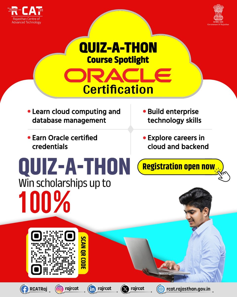 rajrcat's tweet image. Step into cloud and enterprise tech. Build future-ready skills with Oracle through Quiz-a-thon.
For more information visit: rcat.rajasthan.gov.in/content/raj/rc…
#Rcat