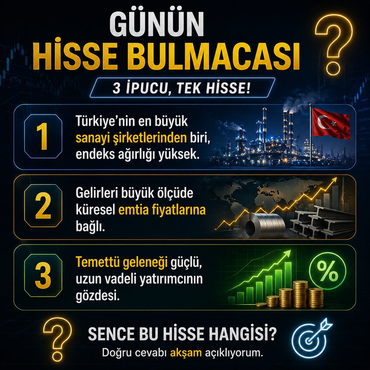 MehdiUzunFx's tweet photo. 🧩Günün Hisse Bulmacası

🕵️3 ipucu , 1 Hedef 🎯 

💥Zorluk derecesi orta, bakalım kimler doğru cevabı verecek 

Yorumlarda buluşalım…

Sizce bu hisse hangisi ?

#Borsaİstanbul #Bist100 #temettü #Halkaarz #Borsa #hissenin https://t.co/8ejrkmfDuo