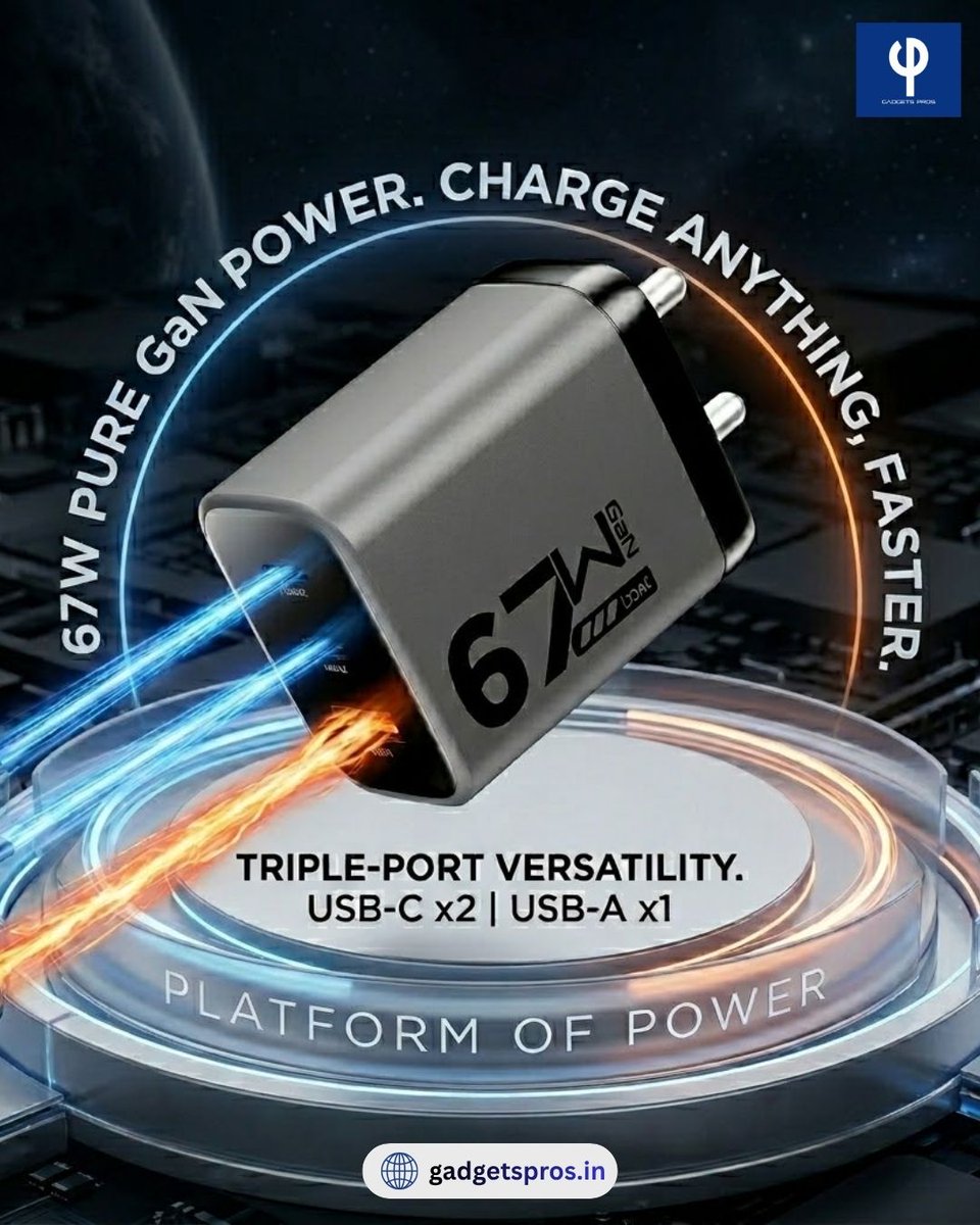 gadgetspros1's tweet image. One charger. Total power. ⚡
Charge your laptop, phone &amp;amp; buds together with this compact 67W GaN charger 🔌🚀#GadgetsPros #GaNCharger #FastCharging #TechAccessories #SmartCharging