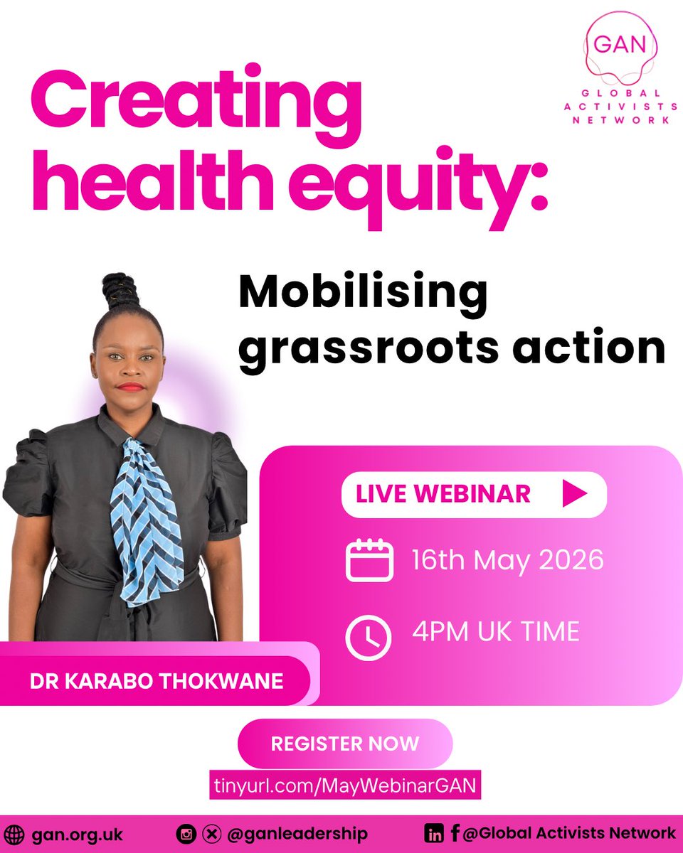 GanLeadership's tweet image. Registration is now OPEN for our May Webinar!

Join us for an important global conversation on "Creating Health Equity" with Dr. Karabo Thokwane.

Date: 16th May 2026

Register now via: tinyurl.com/MayWebinarGAN

See you there!

#Webinar #HealthEquity #GlobalHealth