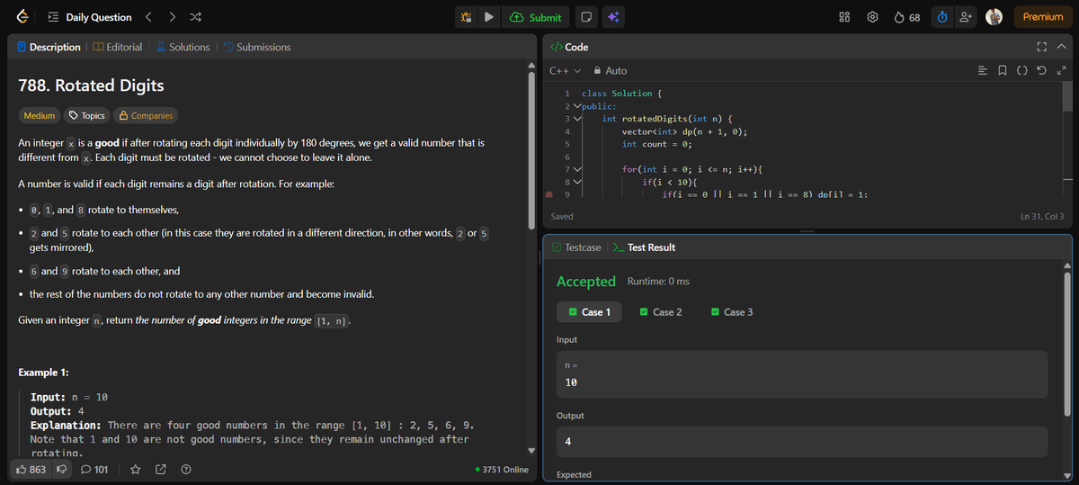 yogeesh19146's tweet image. Day 63/365 

Solved: Rotated Digits

Key idea:
Classify digits → valid / change / invalid
Lesson:
Simple problem ≠ easy problem

#LeetCode #DSA #CodingJourney