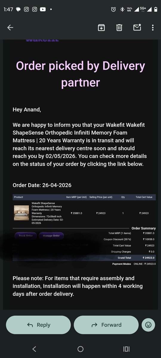 AnandGo81207239's tweet photo. A @WakefitCo company is a fraud. I placed an order April 26 by visiting their outlet in New Panvel. That sales person told that your order will be delivered by 2/5/26. Today when I visited the outlet again to check the status they said that yours will be delivered by 9/5/26 https://t.co/oIWsaSFpFY