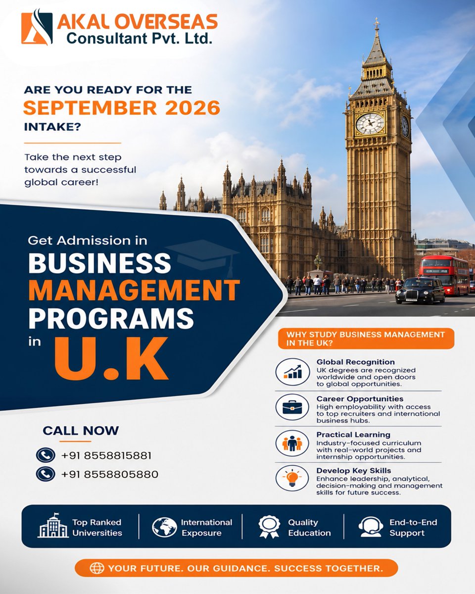 akaloverseasc's tweet image. 🇬🇧 September 2026 Intake Open!
Study Business Management in the UK &amp;amp; build a global career 🌍📈
Get expert admission &amp;amp; visa support with Akal Overseas.
📞 +91 8558815881

#StudyInUK #UKAdmissions #BusinessManagement