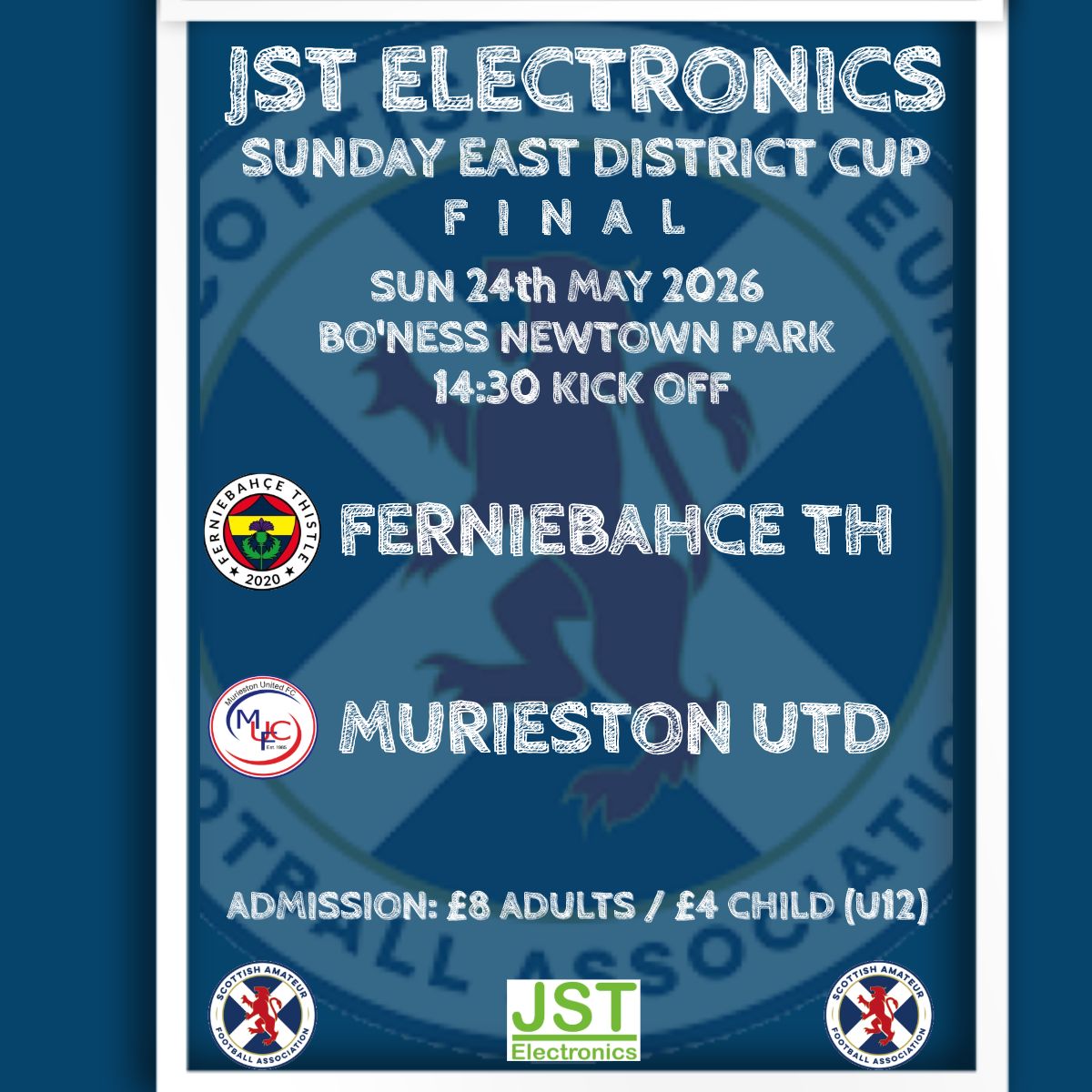 ScotAmFAEastS's tweet photo. JST Electronics Sunday East District Cup Final - Sun 24th May

⚽️ @ferniebahce
🆚 Murieston Utd
🏟️ Newtown Park, Bo'ness
⏰ 14:30 Kick Off

Good luck to both teams 💪⚽️🏆 https://t.co/B7VWM3O7oI