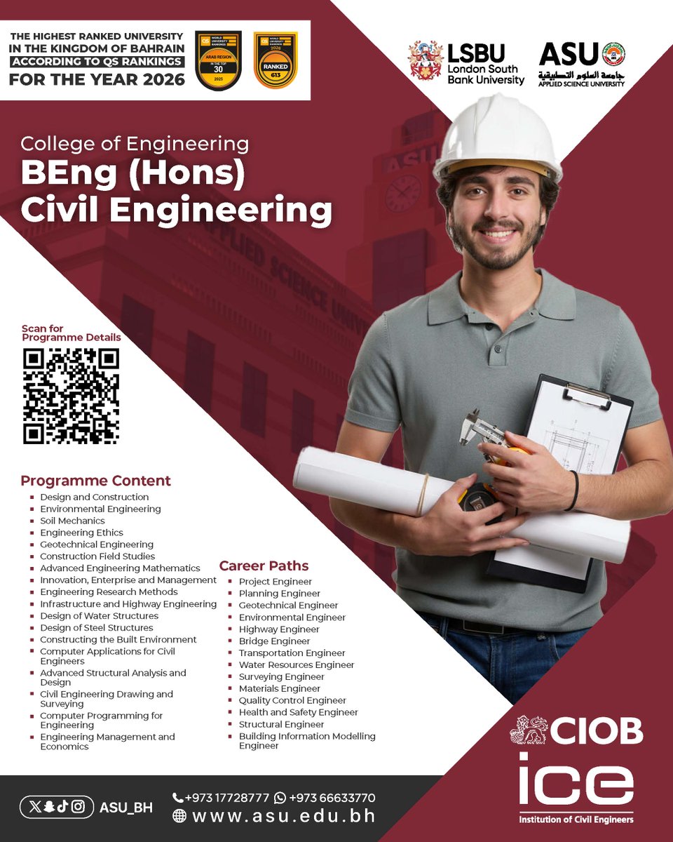 ASU_BH's tweet image. From innovative designs to real-world projects
The BEng (Hons) Civil Engineering programme offers you the opportunity to earn a #dual certificate from #London_South_Bank_University and the #Applied_Science_University!
Turn Your Hardwork Into an Opportunity &amp;amp; Secure up to 50%