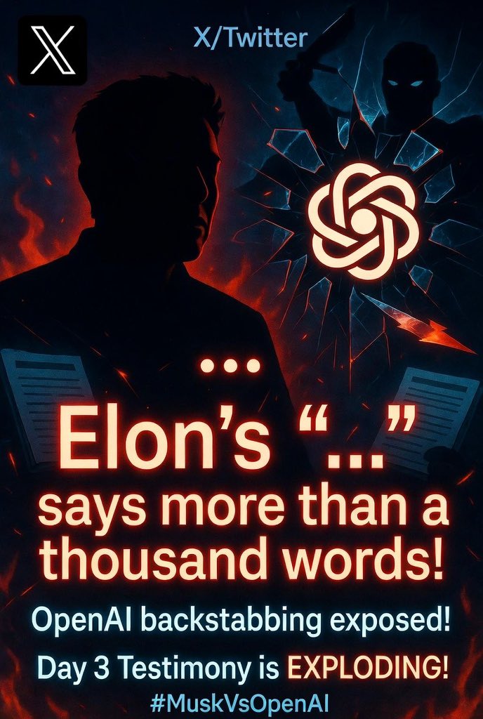 PuppiesWillWin9's tweet photo. @elonmusk @stevenmarkryan 🔥 Elon’s ‘…’ says more than a thousand words! OpenAI’s backstabbing of its founders is finally coming to light? Day 3 testimony is exploding — who still believes the ‘benefit humanity’ nonsense? #OpenAIExposed #MuskVsOpenAI https://t.co/WZgBr5Ns1C