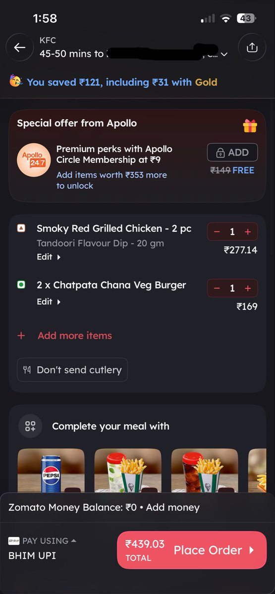 NishEngg's tweet photo. Rate difference on Swiggy and Zomato for same two items from KFC after applying all coupons. Delhi area

Swiggy - 599/- (including additional Bhimpe discount)
Zomato - 439/-
@Swiggy @zomato @harshamjty @jagograhakjago 
Aise jaldi profit me aa jaoge i think https://t.co/qoUNAxOczG