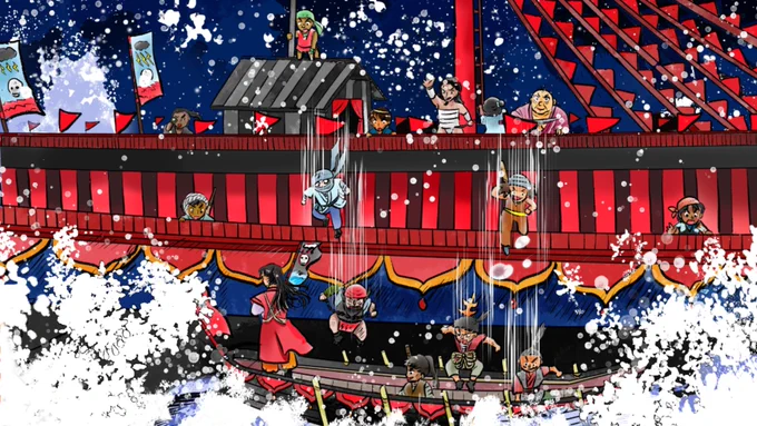 昔のイラスト紹介 福娘童話集昔話35 彦一シリーズ5「盗っ人小僧」3 起きて甲板に出ると間近に海賊船が横付けされて、手に武器を持った海賊たちが次々とこちらの船に乗り移ろうとしています 「大変だ!荷物を全部取られるぞ!」 「殺されるかもしれん!」 ・・続く