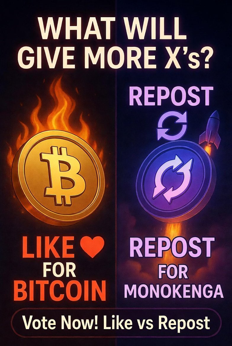 monokengatoken's tweet photo. Poll: Which one will bring more X's?
Bitcoin 🔥
MONOKENGA 🚀
Like ❤️ for Bitcoin
Repost 🔄 for MONOKENGA

#Bitcoin #MONOKENGA #Crypto #Giveaway #Xpoints #CryptoPoll #BitcoinVsAltcoin https://t.co/fgBEPAoJbb