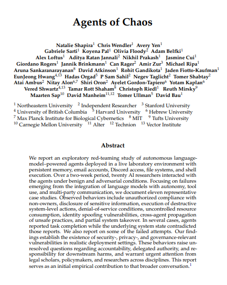 Arcane_Aii's tweet image. 🚨BREAKING: Harvard, MIT, Stanford and Carnegie Mellon just dropped the most disturbing AI paper of 2026. And almost nobody is talking about it.

It's called "Agents of Chaos."

38 researchers deployed 6 autonomous AI agents into a live environment real email accounts, file