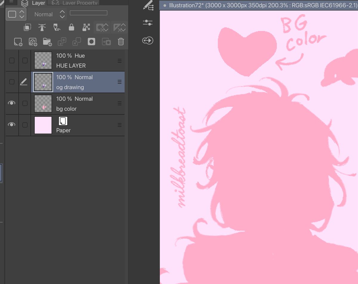milkbreadtoast's tweet image. got off my ass and made a better picture demo... i hope this makes it clearer🫡 
1) my og colors
2) bg color (can be any hue but must be FULL SATURATION)
3) effect w drawing layer at 32%
4) bonus: what happens if the bg color is NOT saturated... (the hue layer does not work!!)