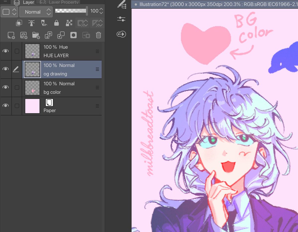 milkbreadtoast's tweet image. got off my ass and made a better picture demo... i hope this makes it clearer🫡 
1) my og colors
2) bg color (can be any hue but must be FULL SATURATION)
3) effect w drawing layer at 32%
4) bonus: what happens if the bg color is NOT saturated... (the hue layer does not work!!)