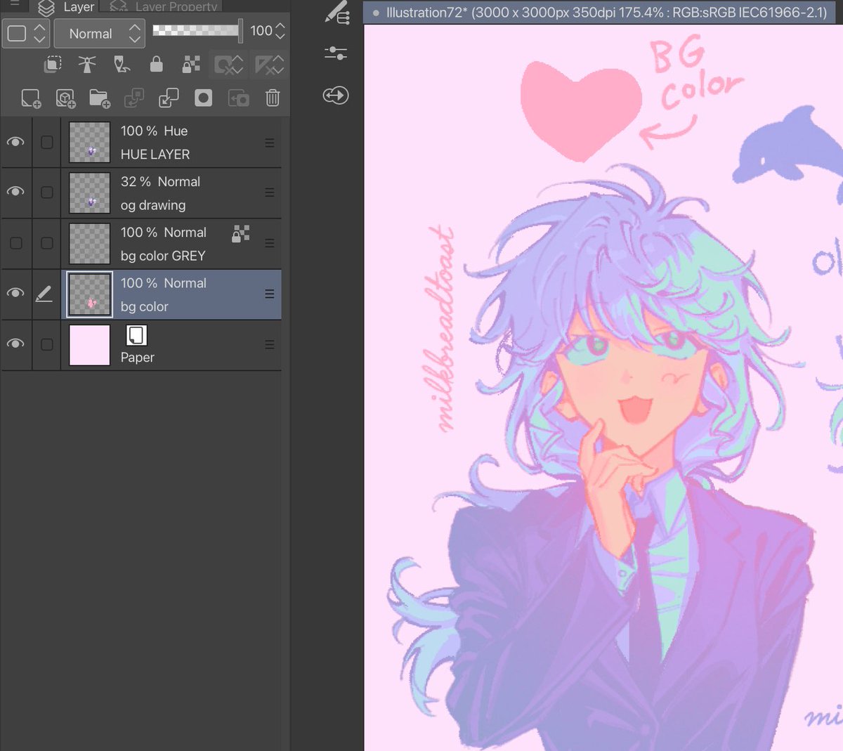 milkbreadtoast's tweet image. got off my ass and made a better picture demo... i hope this makes it clearer🫡 
1) my og colors
2) bg color (can be any hue but must be FULL SATURATION)
3) effect w drawing layer at 32%
4) bonus: what happens if the bg color is NOT saturated... (the hue layer does not work!!)