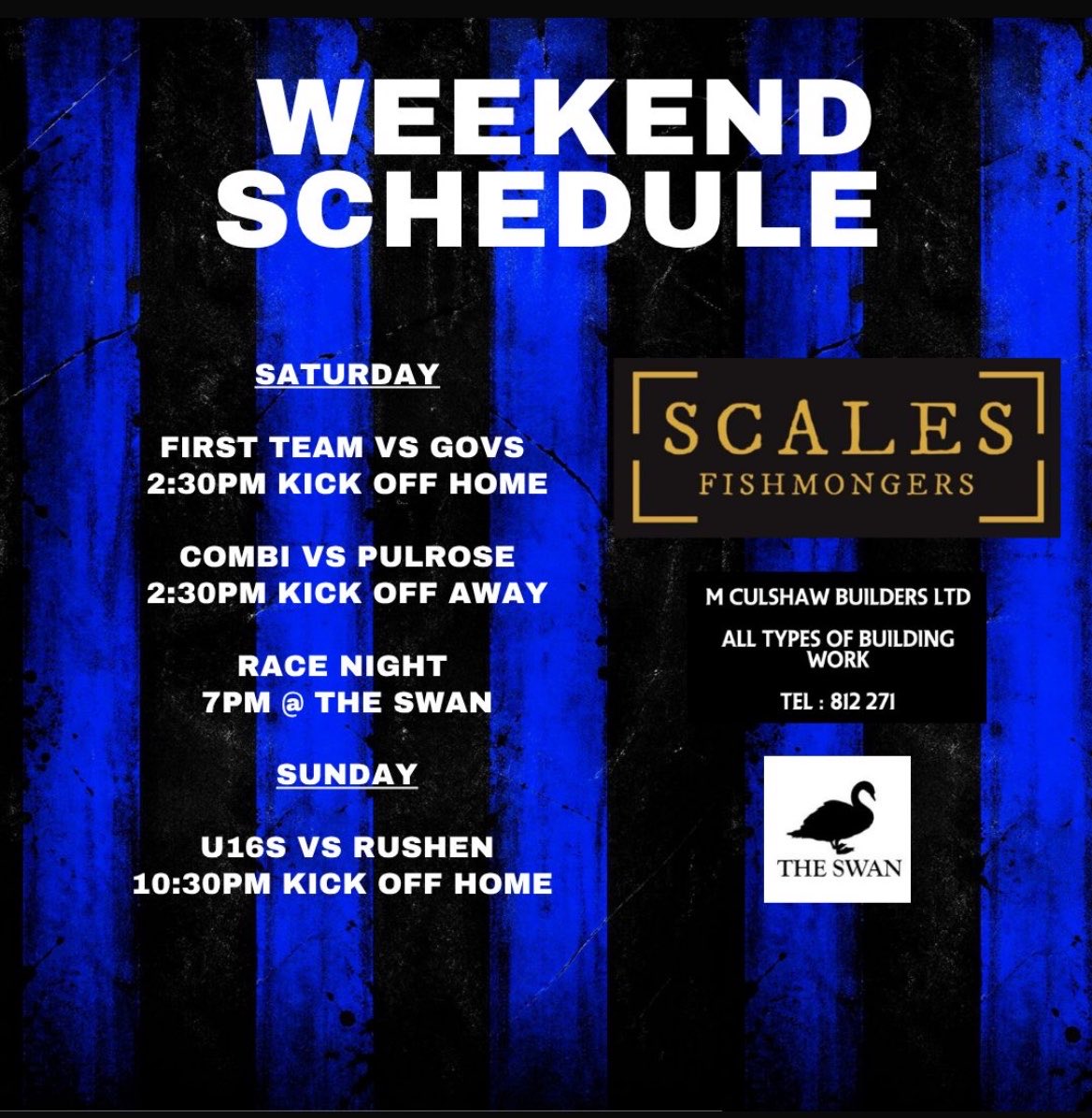 RYCOBFC's tweet photo. 🚨 WEEKEND FIXTURES🚨

 ⏰KO: First Team 14:30pm 
📍Home vs Govs 

⏰KO: Combi  14:30pm
📍Away vs Pulrose

⏰KO: U16s 10:30am
📍Home vs Rushen - Sunday

A massive thank you to our sponsors!

Scales Fishmongers 🐟
The Swan 🍽️
M Culshaw Builders LTD 🛠️

Support appreciated! 🔵⚫️ https://t.co/BxxHqeCCER