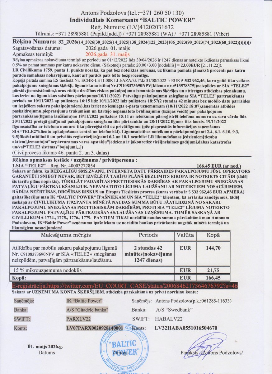 EU_COURT_CASE's tweet photo. Electronic send of updated invoice 01/05/2026 via e-mail.
🇱🇻)Fin.parāds
🇪🇺)Fin.owing
🇷🇺)Фин.долг
Līdz/Till/До 30/04/2026
EUR 144,70 + 21,75 (TAX)
TOTAL: EUR 166,45
Receptions confirmed✅ :
https://t.co/KQfQomn8TE
Crutual deadline 31/05/2026❗:
https://t.co/hTjlQbA7ZI https://t.co/5VKDNVi52w