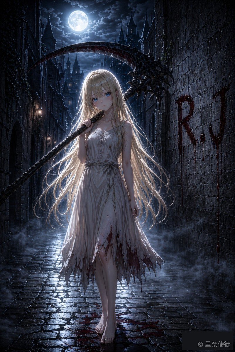 rinashitoT's tweet photo. 小説「327人殺した転生美少女の俺は、
誰も殺していない」のヒロイン、
死神ルーシェのイメージイラストを作成しました。

月夜の路地、肩に鎌、背後の壁には「R.J」の血文字。
プロローグの空気を一枚に。
https://t.co/XW2ELPaEU2 https://t.co/A3Hi8AfrdN
