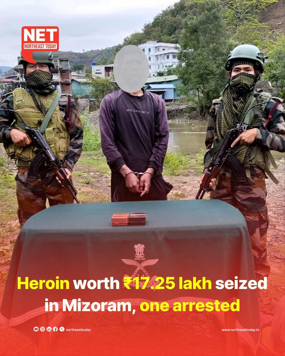 #Mizoram | A joint operation by the Assam Rifles and Zokhawthar Police led to the recovery of heroin in Mizoram’s Champhai district.

Read more..
northeasttoday.in/northeast/hero…

#Champhai #AssamRifles #ZokhawtharPolice #DrugSeizure #HeroinRecovery #WarOnDrugs #NortheastToday