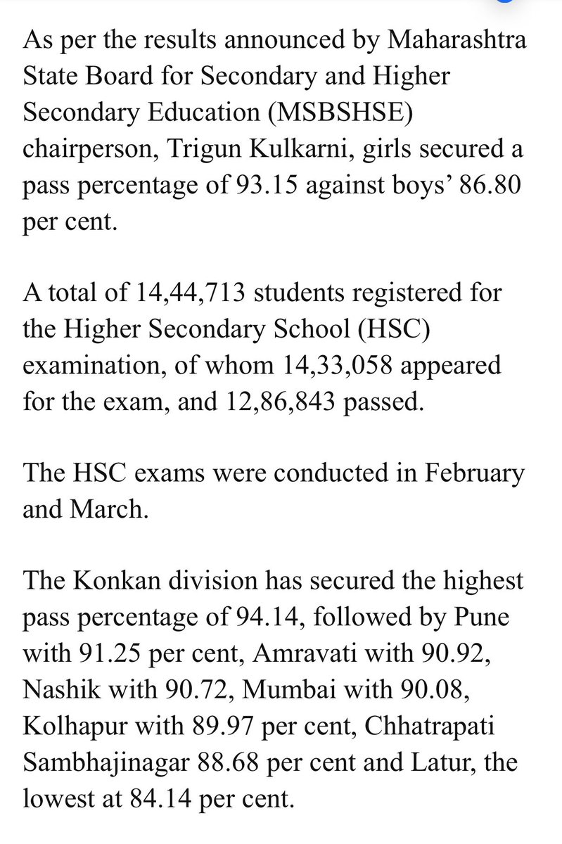 LokmatTimes_ngp's tweet image. Maharashtra State Board on Saturday declared the Class 12 examination results with an overall pass percentage of 89.79 per cent, as girls once again outshone boys in the state-wide tally. #Maharashtra #Results #BoardExam #StateBoard #Education