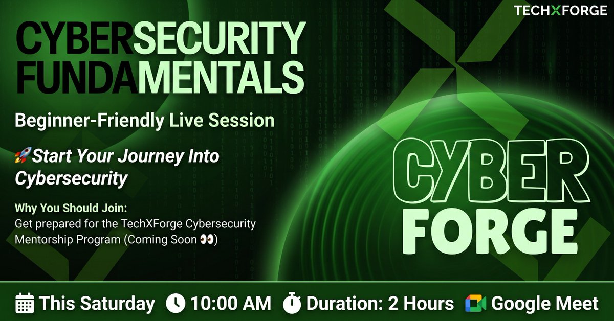 Ark_Aegis's tweet photo. Happening today at 10am. @TechForge_X

A CYBER FORGE CLASS FOR ALL CYBERSECURITY BEGINNERS 

FORGE MENTOR
🎤 @Ark_Aegis
📅 Saturday May 2nd | ⏰ 10AM
🔗 Enrol: https://t.co/LA9b3zgXvo https://t.co/EtYKxEqjs1