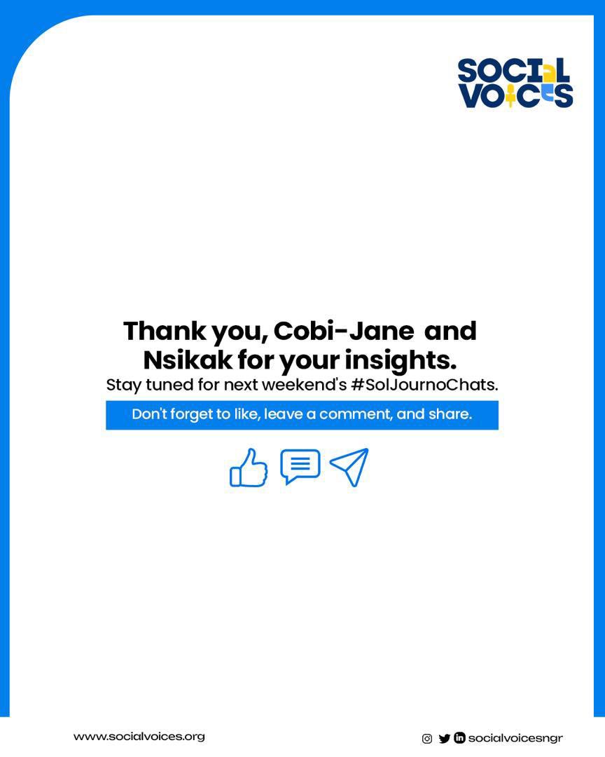 SocialvoicesNGR's tweet photo. Featuring insights from Cobi-Jane Akinrele (@AkeCollective) and Nsikak Ekere (@EkereDo) on what responsible, solutions-driven reporting should look like.

Scroll to read their insights and stay tuned for next weekend on #SolJournoChats https://t.co/KucOqZpfGA