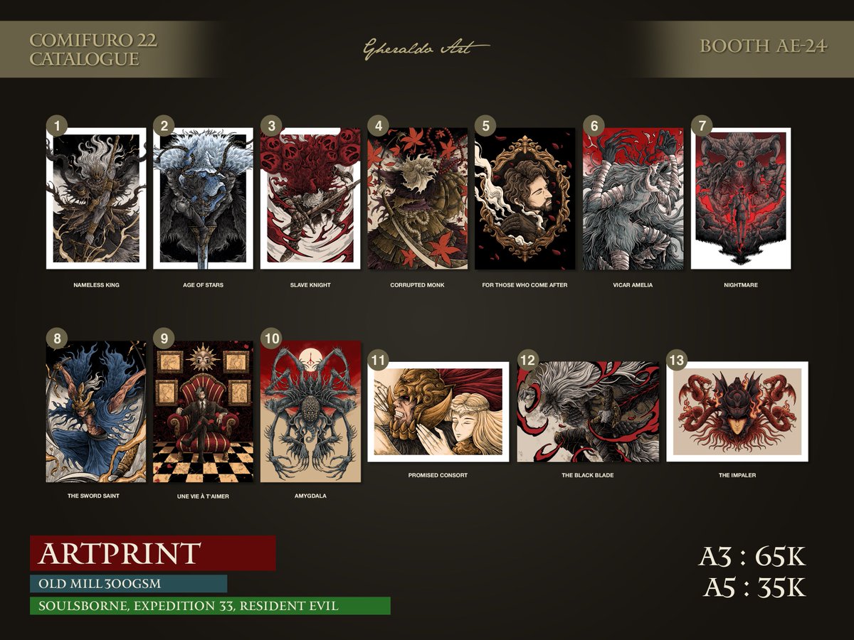 alfaro_gheraldo's tweet photo. Gheraldo Art (Booth Number : AE-24) #CF22 catalogue
Elden Ring, Dark Souls, Sekiro, Bloodborne, Clair Obscur Expedition 33, Resident Evil, Berserk, etc 
#comifuro22catalogue https://t.co/Md0rMlEZ5O