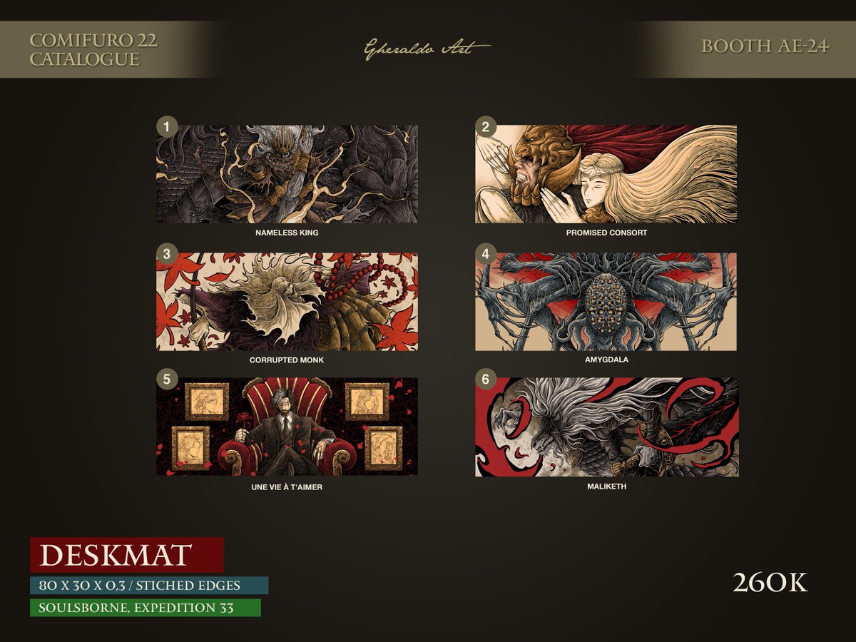 alfaro_gheraldo's tweet photo. Gheraldo Art (Booth Number : AE-24) #CF22 catalogue
Elden Ring, Dark Souls, Sekiro, Bloodborne, Clair Obscur Expedition 33, Resident Evil, Berserk, etc 
#comifuro22catalogue https://t.co/Md0rMlEZ5O