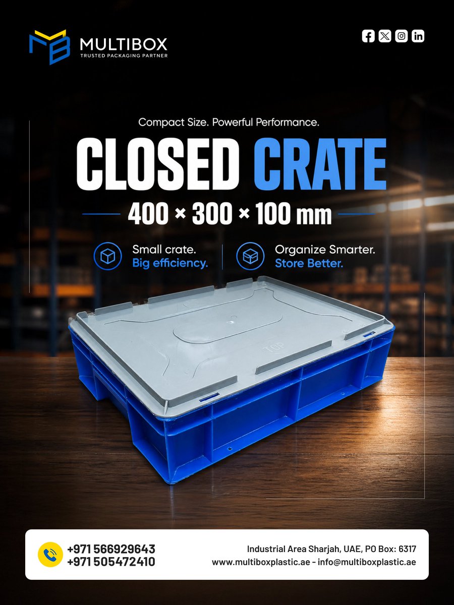MultiboxPlastic's tweet image. Introducing the MULTIBOX Closed Crate (400 × 300 × 100 mm) — designed for smart storage, safe handling, and maximum efficiency.

+971 566929643 
multiboxplastic.ae
info@multiboxplastic.ae

#Multibox #PackagingPartner #PlasticCrates #ClosedCrate
