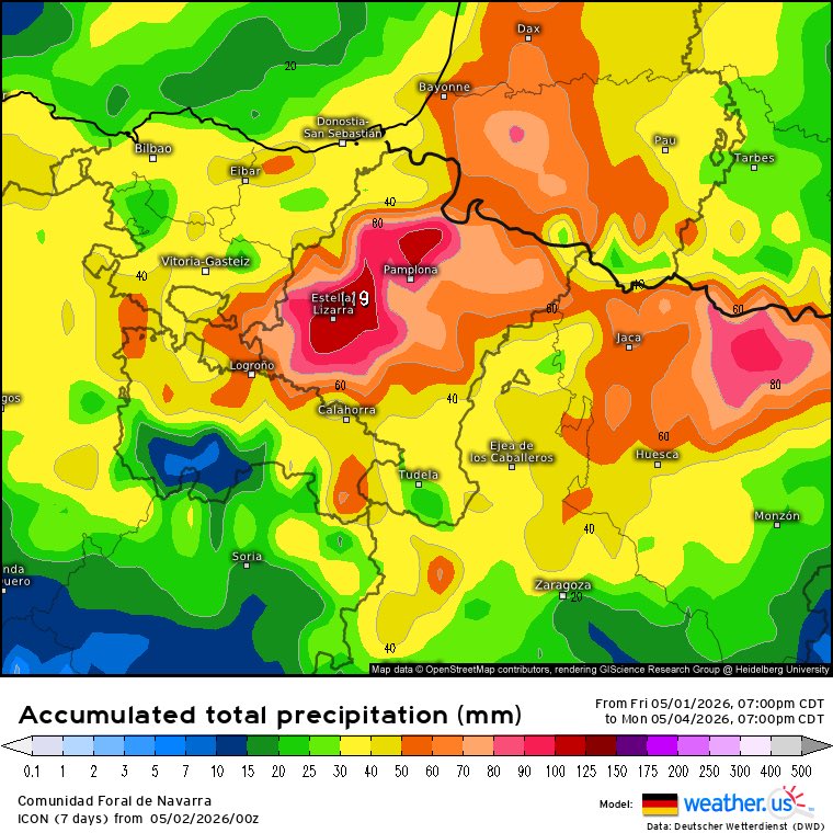 Meteonavarra_'s tweet photo. Buenos días, una Vaguada de lento desplazamiento va ir penentrando sobre el Noroeste peninsular dejando a Navarra en posición delantera durante más de 48h. Las tormentas de esta tarde y mañana van a ser intensas, ojo a los acumulados locales, entre hoy y mañana zonas de >60L ⚠️⛈️ https://t.co/nuNTVoAXx4