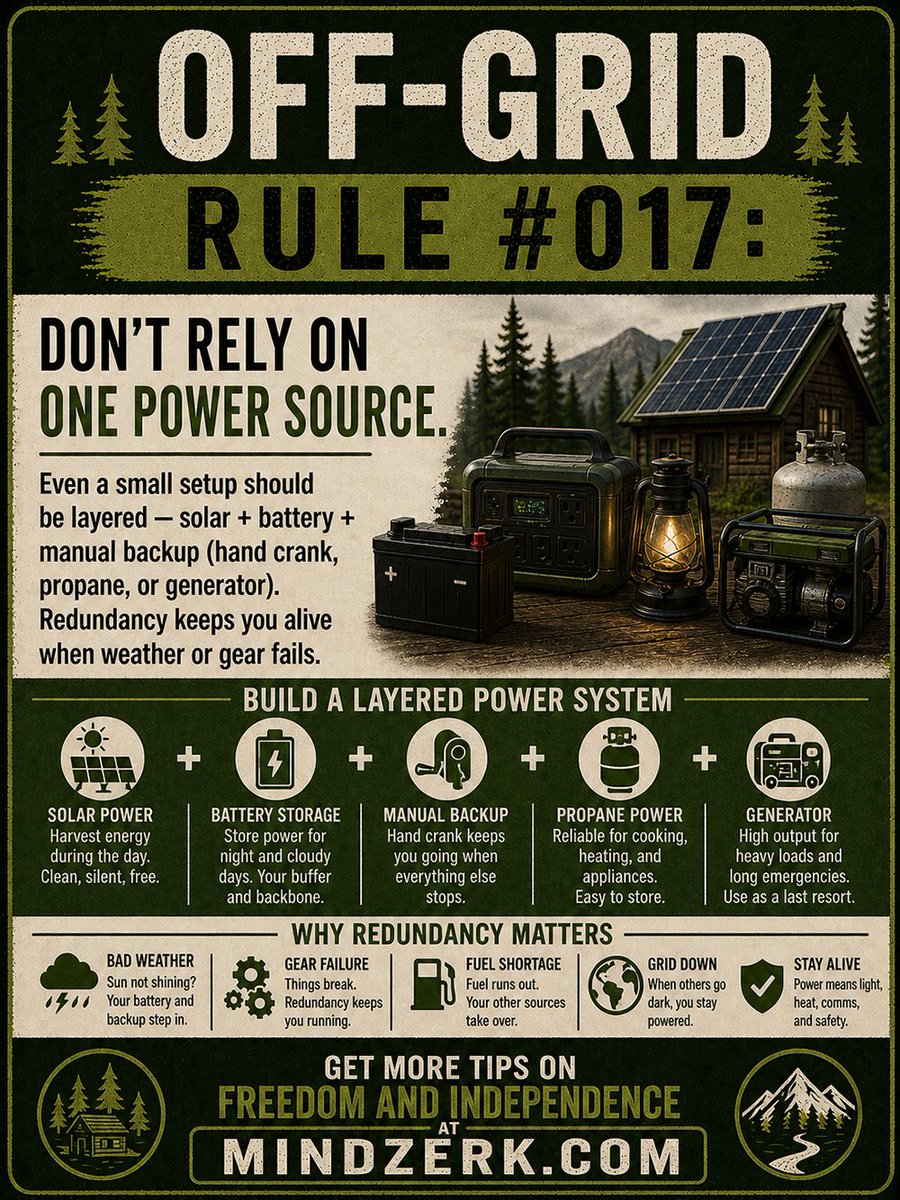 mindzerk's tweet image. One power source feels fine…

Until it’s not.

When it fails, everything stops.

One power source is a single point of failure.
Layer it or lose it.
oracle.mindzerk.com/one-power/

#OffGrid #Preparedness #SelfReliance #Mindzerk #AmidTheWild