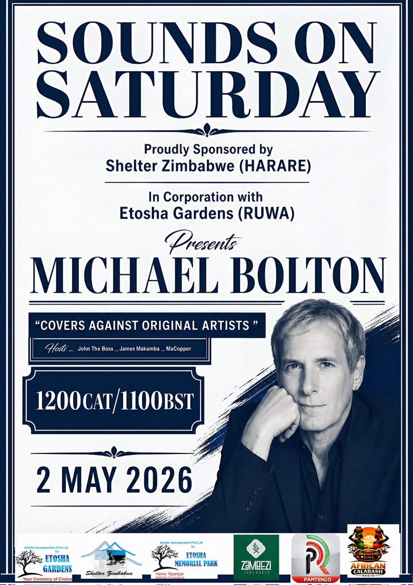 john_microphone's tweet photo. https://t.co/8r0kmA2p7I
This afternoon on African Calabash Radio
We kick off SOUNDS On SATURDAY with blazing hits from the legendary Michael Bolton, featuring his powerful renditions of some of the finest global classics. https://t.co/sd0w76mwMh