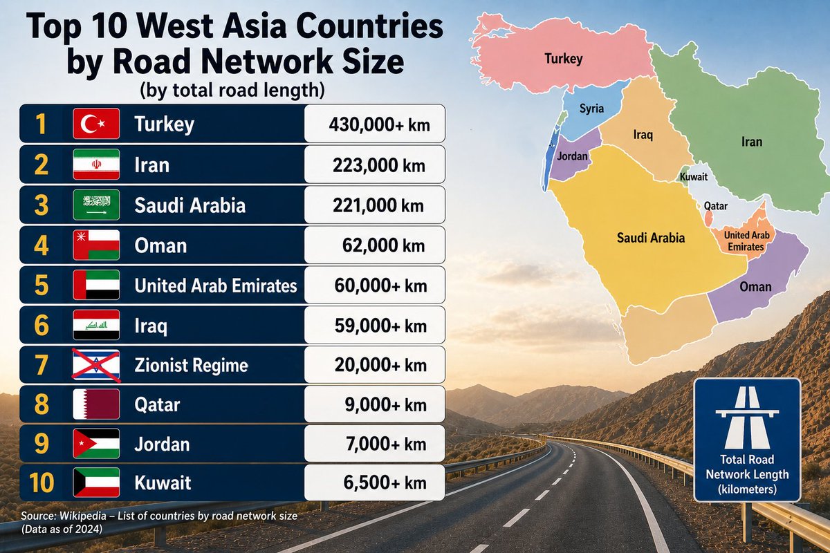 IRANinBULGARIA's tweet image. 🛣️ Despite decades of sanctions and economic pressure, Iran has built and sustained one of the largest road networks in the region.
#IRAN ranks #2 in the Middle East with ~223,000 km of roads.
A clear sign of long-term resilience and infrastructure capacity.
#Infrastructure
