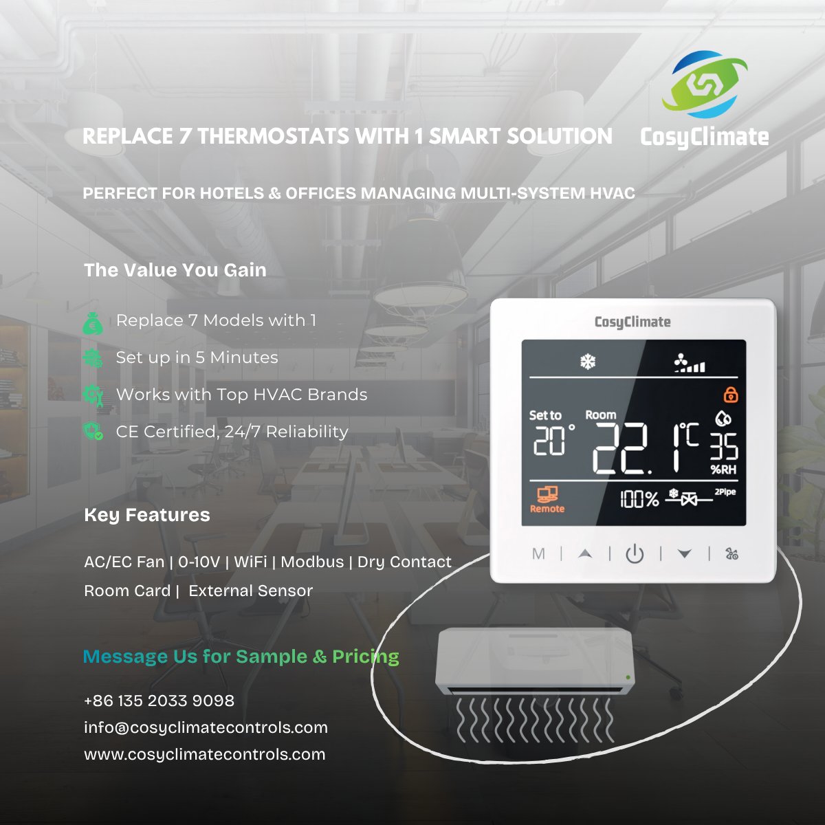 CosyClimateTech's tweet photo. Still using 5–7 different #thermostats in one HVAC project?

That’s not “flexibility” — that’s complexity.
🔹 1 thermostat replace
🔹 5-min setup
🔹 Works with AC/EC fan + 0–10V + more

Built for real-world hotel &amp; office projects.

#SmartBuilding #MEP #HVACControls
#CosyClimate https://t.co/LX4HRUhYr8