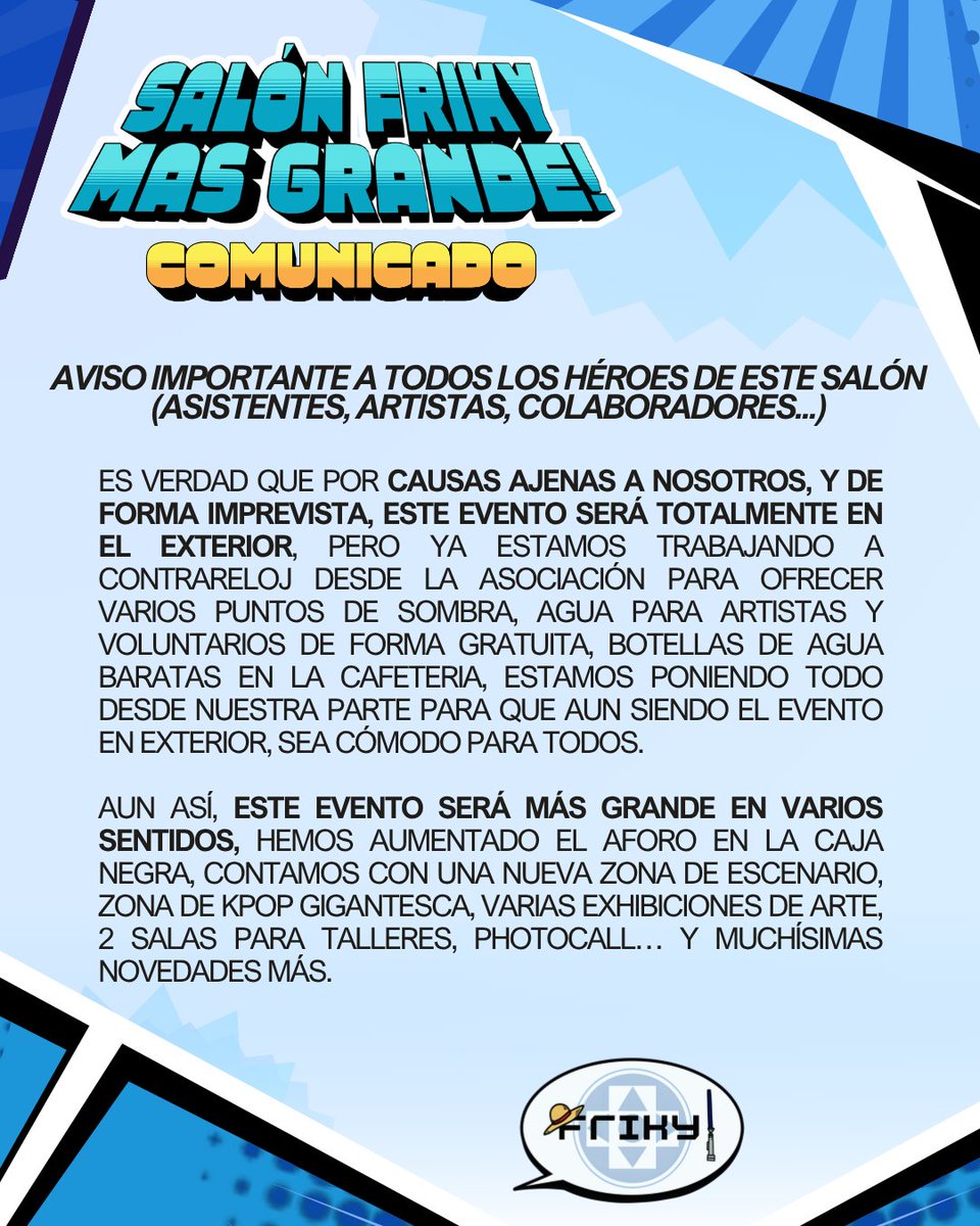AsociacionFriky's tweet photo. COMUNICADO A UN MES DEL SALÓN FRIKY COMPARTIENDO LAS MAYORES NOVEDADES DE ESTE EVENTO https://t.co/nKdGBwuV0O