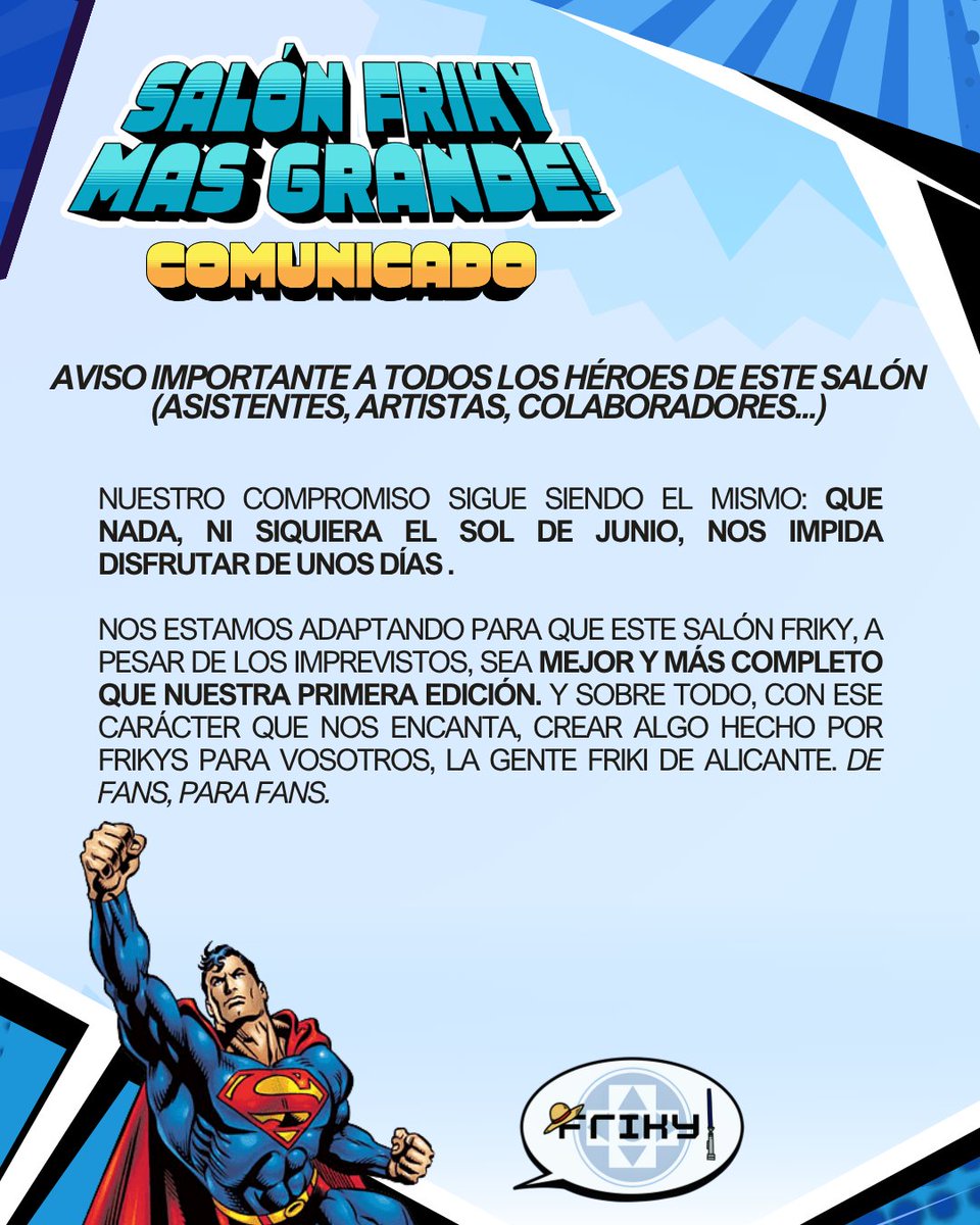 AsociacionFriky's tweet photo. COMUNICADO A UN MES DEL SALÓN FRIKY COMPARTIENDO LAS MAYORES NOVEDADES DE ESTE EVENTO https://t.co/nKdGBwuV0O